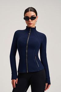 Women Stand Collar Gold Zipper Slim Fit Yoga Jacket Running Workout Top