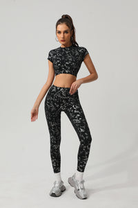 Women Gold Foil Fabric Sports T-Shirts + Yoga Sports Leggings