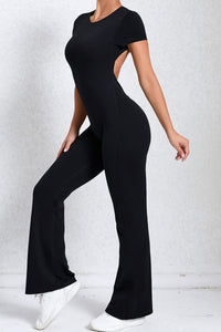 Women Short Sleeve Big Backless One Piece Flare Tight Nude Outfit Fitness Sports Yoga Bodysuit