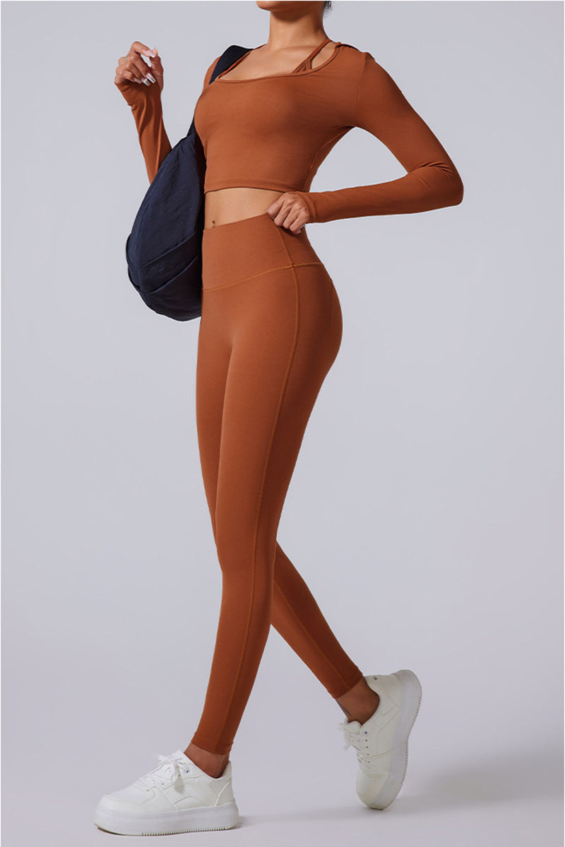 Women'S Yoga Suit Set: Waistless Square Neck Long Sleeves + High-Waisted Leggings