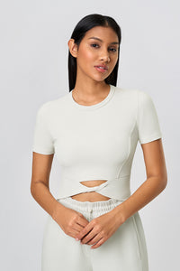 Women Summer Cropped Front-Twist Naked-Feel Yoga Sports T-Shirt