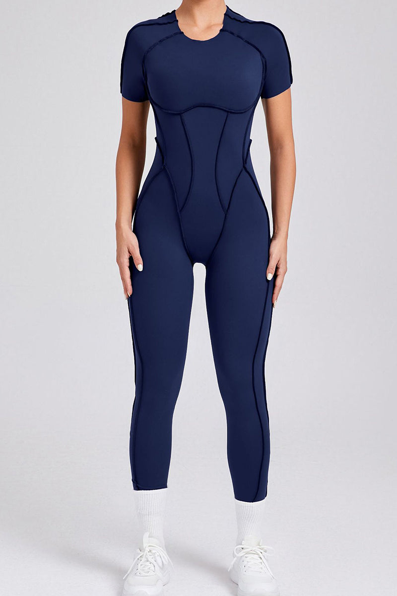 Women Stereoscopic Backless Skinny Short Sleeve Long Pants One Piece Sports Yoga Bodysuit