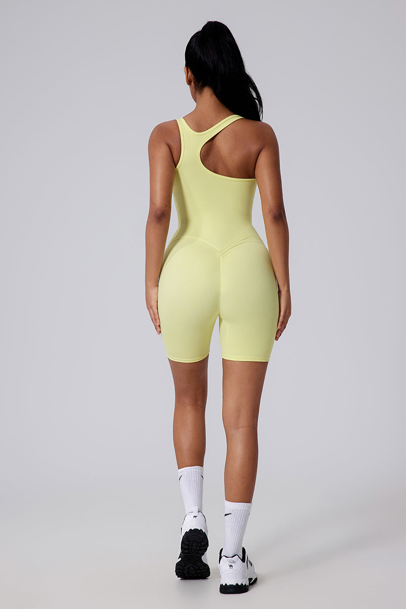 Women Asymmetric Back Cutout Ruching Butt-Lift Yoga Dance Built-In Shorts Bodysuit