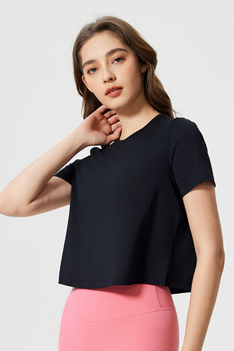 Women Round Neck Cropped Loose Quick-Dry Cool Touch Yoga Workout T-Shirt