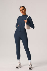 2 Pcs Set Solid Light Fleece Jacket + Belly Controlling Sports Leggings