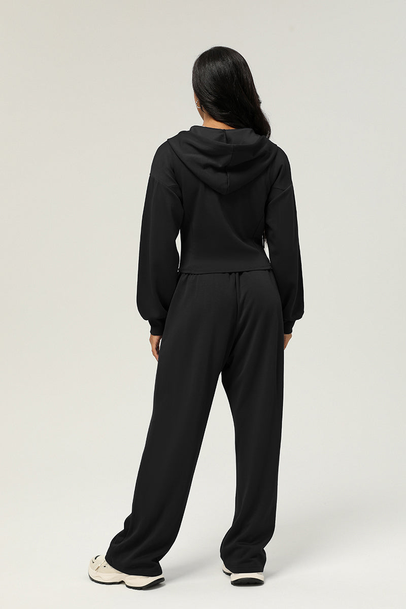 2 Pcs Set Zippered Jacket Hooded Casual Cardigan Jacket + High Waist Drawstringwide Leg Pants