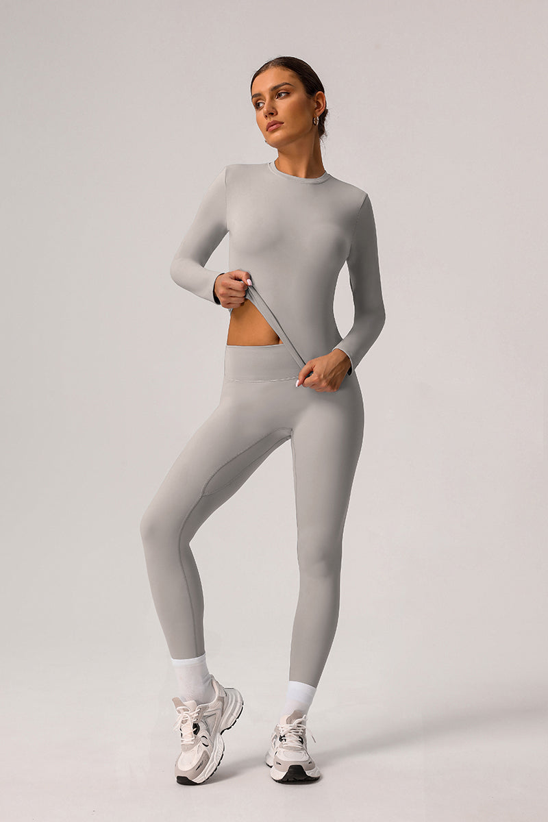 2 Pcs Set Light Fleece Sports Casual Long-Sleeved T-Shirt + Belly Controlling Sports Leggings