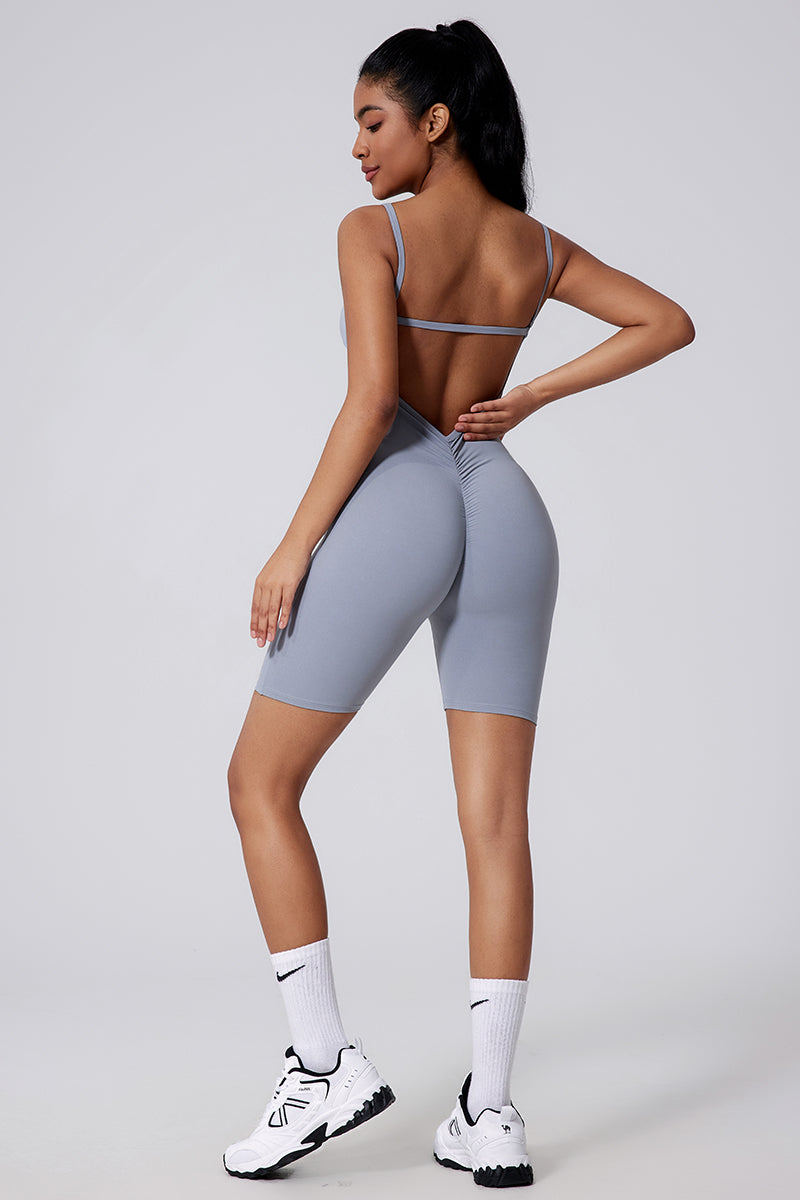 Women Cutout Back Ruching Built-In Bra Yoga Dance Slim Fitness Bodysuit