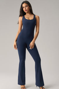 Women U-Neck Open-Back Sculpting Flared Pants Yoga Bodysuit