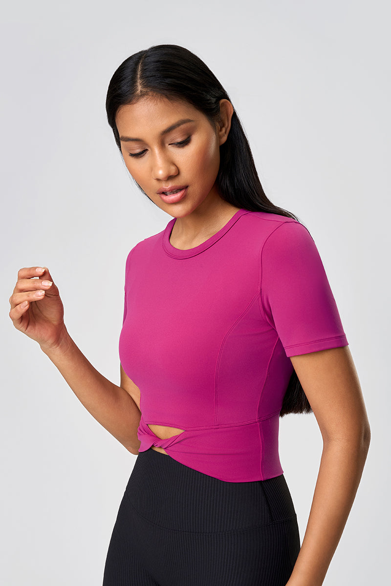 Women Summer Cropped Front-Twist Naked-Feel Yoga Sports T-Shirt