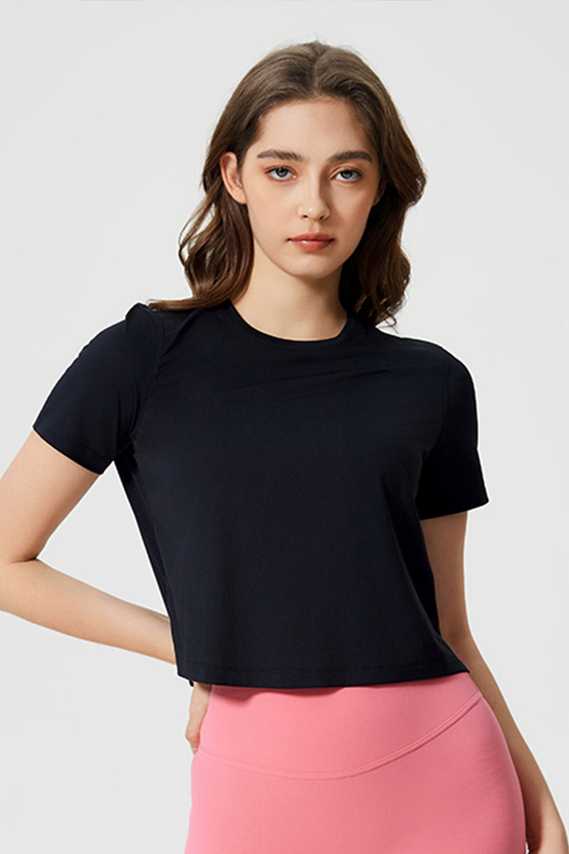 Women Round Neck Cropped Loose Quick-Dry Cool Touch Yoga Workout T-Shirt