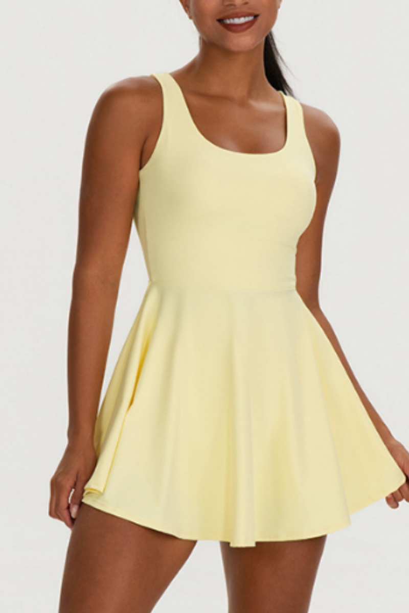 yellow tennis dress 4505 active halter neck tennis dress with under shorts in pale yellow