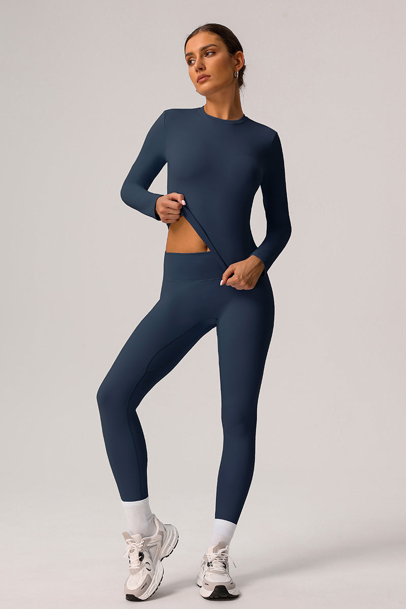 2 Pcs Set Light Fleece Sports Casual Long-Sleeved T-Shirt + Belly Controlling Sports Leggings