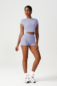 Women Seamless High Waisted Workout Set: Cropped Tee + Peach Lifting Shorts