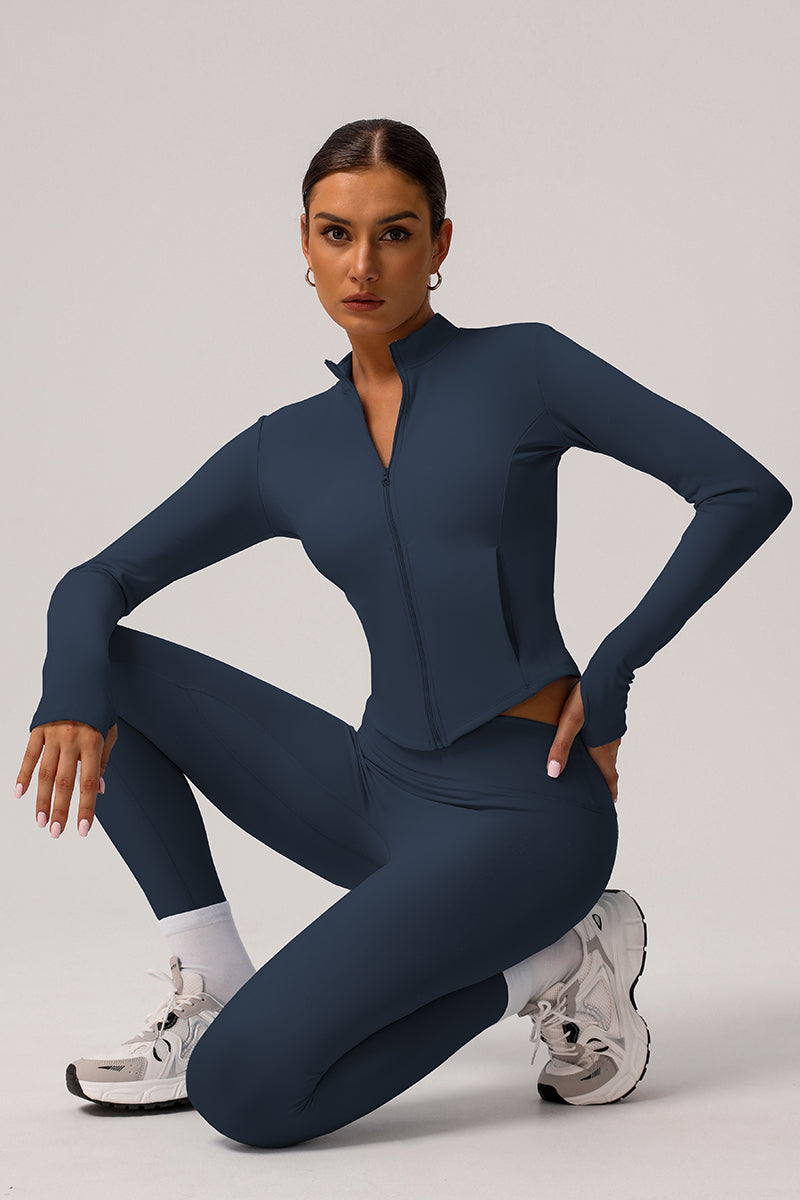 2 Pcs Set Solid Light Fleece Jacket + Belly Controlling Sports Leggings