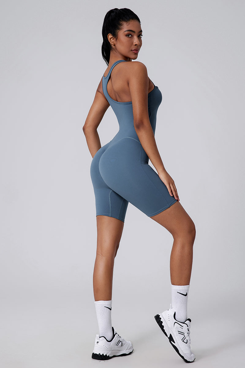 Women Asymmetric Back Cutout Ruching Butt-Lift Yoga Dance Built-In Shorts Bodysuit