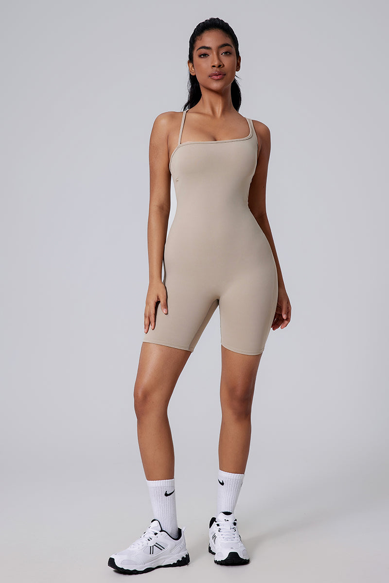 Women Asymmetric Back Cutout Ruching Butt-Lift Yoga Dance Built-In Shorts Bodysuit