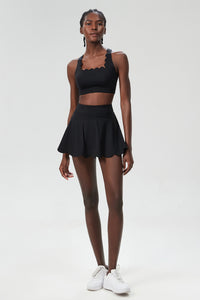 Women Wave Liquid Seamless Plus Size Quick-Dry Tennis Set - Scalloped Strappy Bra & A-Line Skirt
