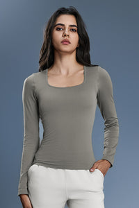 Women Square-Neck Built-in Bra Slim-Fit Workout Long Sleeves