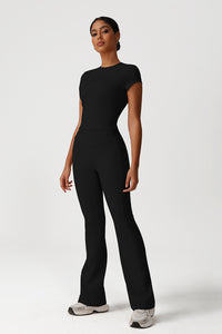 Women Naked Feel Yoga Set: Short Sleeve Top + Flared Pants