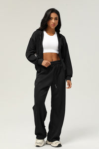 2 Pcs Set Zippered Jacket Hooded Casual Cardigan Jacket + High Waist Drawstringwide Leg Pants