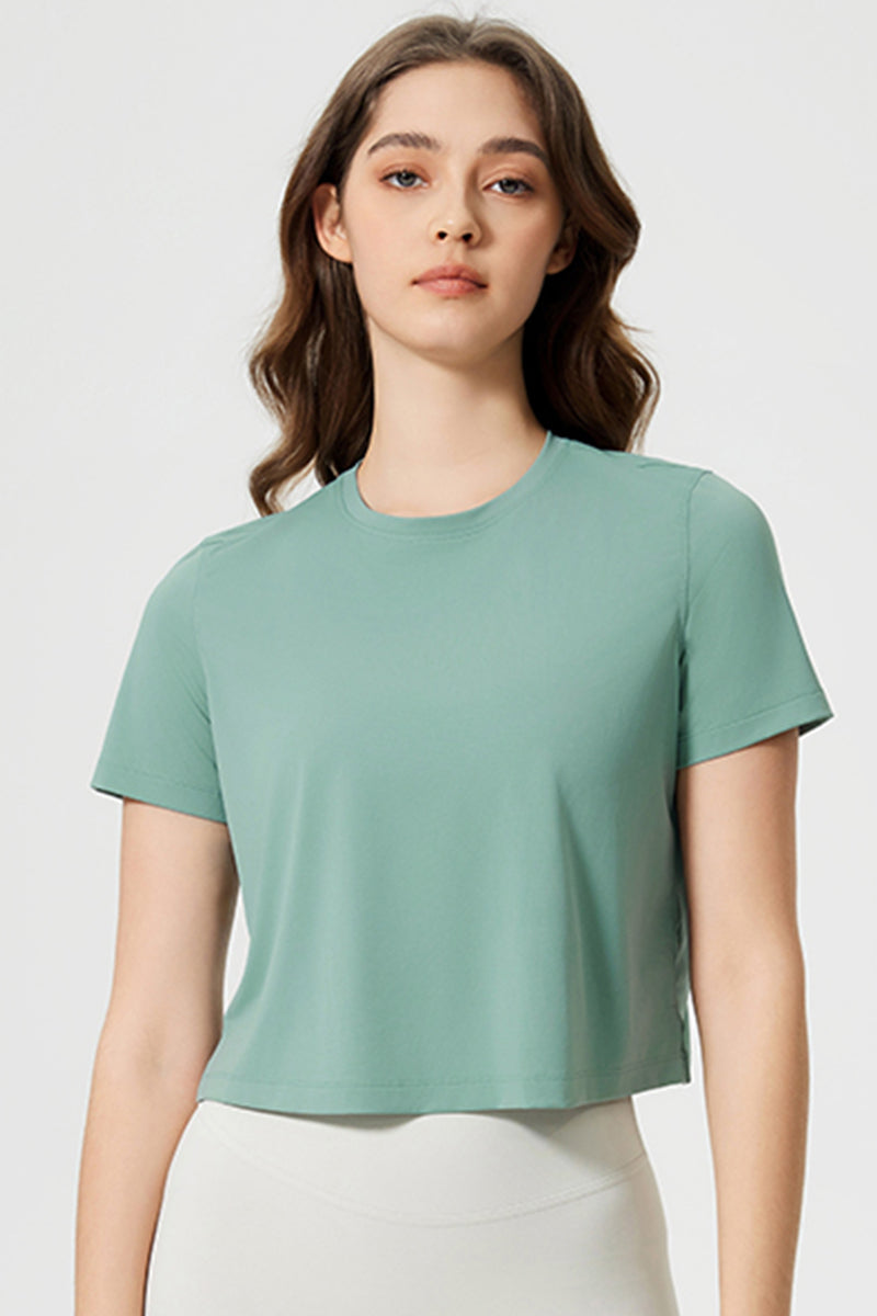 Women Round Neck Cropped Loose Quick-Dry Cool Touch Yoga Workout T-Shirt