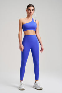 Women Single Shoulder Backless Yoga Set: Crisscross Strap Sports Bra + High Waist Leggings