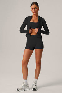 3 Pcs Set Halter Neck Fitness Running Sports Bra + Zipper Pocket Running Jacket + Push-Up Shorts
