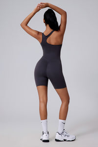 Women Asymmetric Back Cutout Ruching Butt-Lift Yoga Dance Built-In Shorts Bodysuit