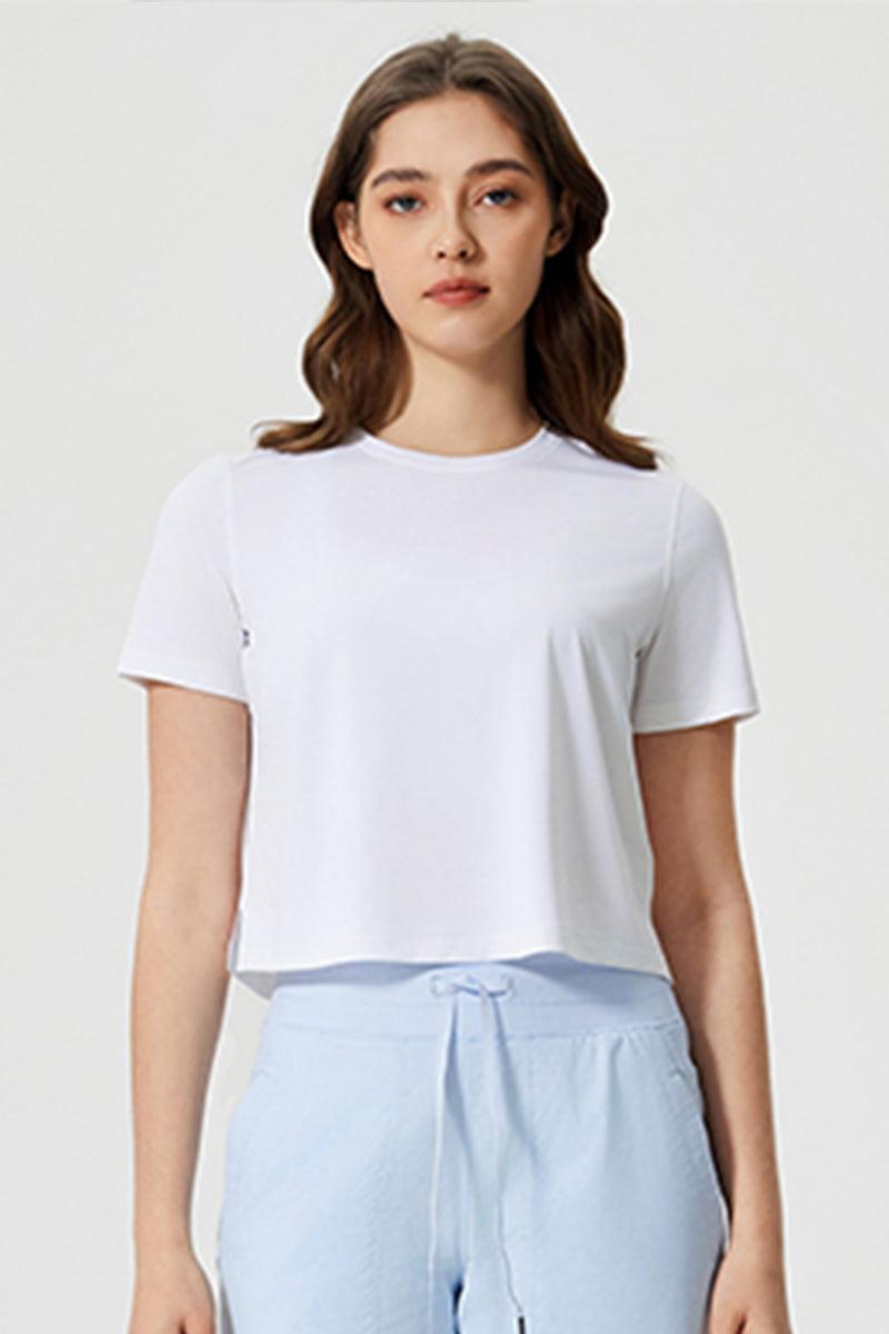 Women Round Neck Cropped Loose Quick-Dry Cool Touch Yoga Workout T-Shirt