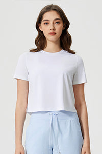 Women Round Neck Cropped Loose Quick-Dry Cool Touch Yoga Workout T-Shirt
