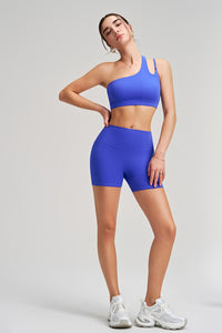 Women Single Shoulder Backless Yoga Set: Crisscross Strap Sports Bra + Shorts