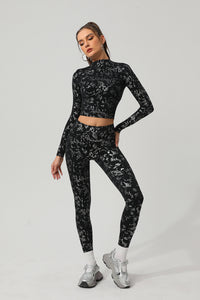 Women Gold Foil Fabric Sports Long Sleeves + Yoga Sports Leggings