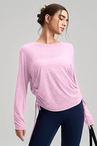Women Round Neck Yoga Cover Long Sleeve Side Drawstring Loose Fit Sports Top