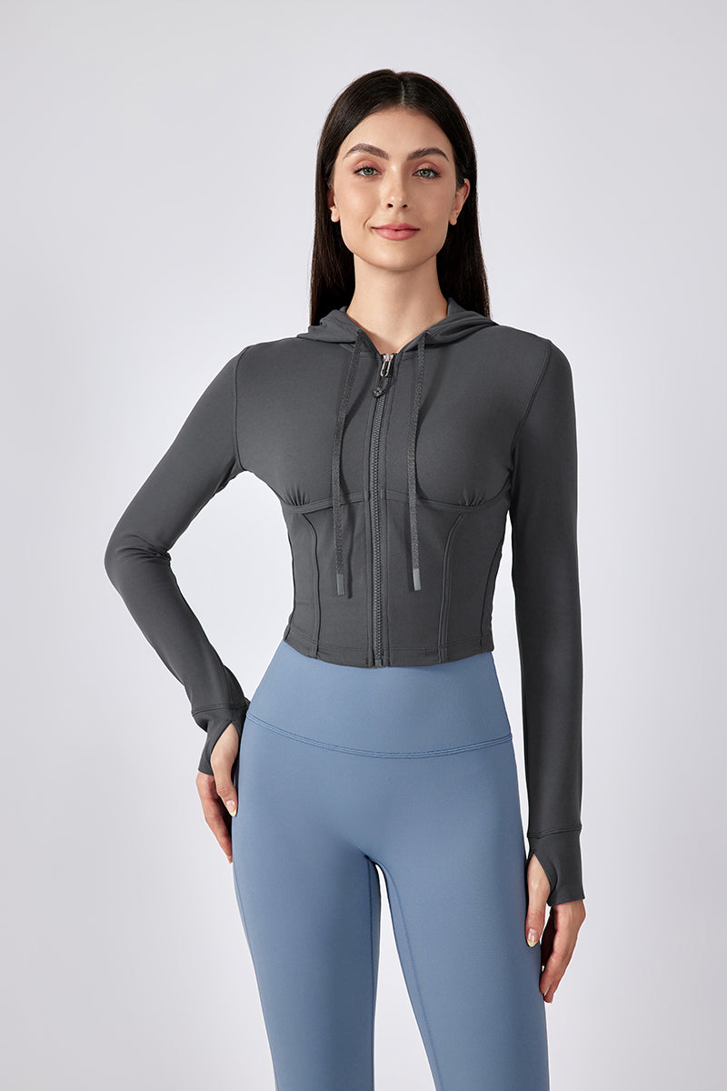 Women Hooded Drawstring Short Slim Outdoor Sports Fitness Yoga Jacket