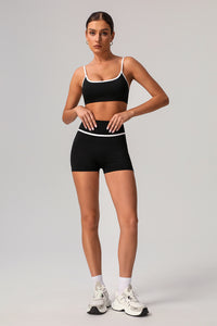 Women White Piping Yoga Sports Bras With Sports Shorts