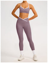 Women's Color-Block Crossover-Waist Sports Bra & Leggings Set