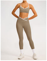 Women's Color-Block Crossover-Waist Sports Bra & Leggings Set