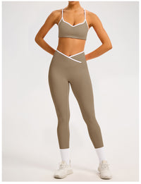 Women's Color-Block Crossover-Waist Sports Bra & Leggings Set