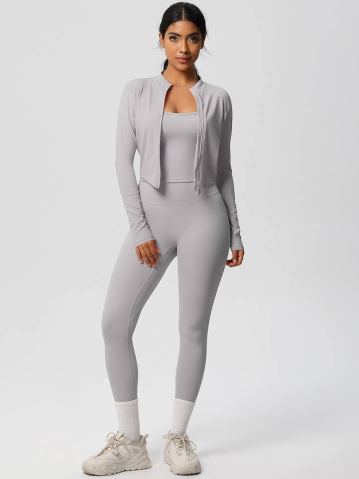Women Activewear Set:Slim Fit Sports Bra+Zip Jacket+Leggings