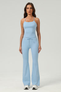 Women Slim-Fit Naked-Feel Cross-Back Yoga Set With Flared Pants & Built-In Bra