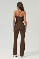 Women Slim-Fit Naked-Feel Cross-Back Yoga Set With Flared Pants & Built-In Bra