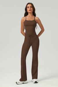 Women Slim-Fit Naked-Feel Cross-Back Yoga Set With Flared Pants & Built-In Bra
