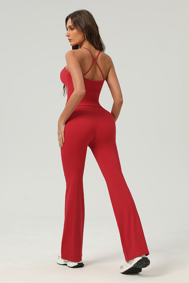 Women Slim-Fit Naked-Feel Cross-Back Yoga Set With Flared Pants & Built-In Bra