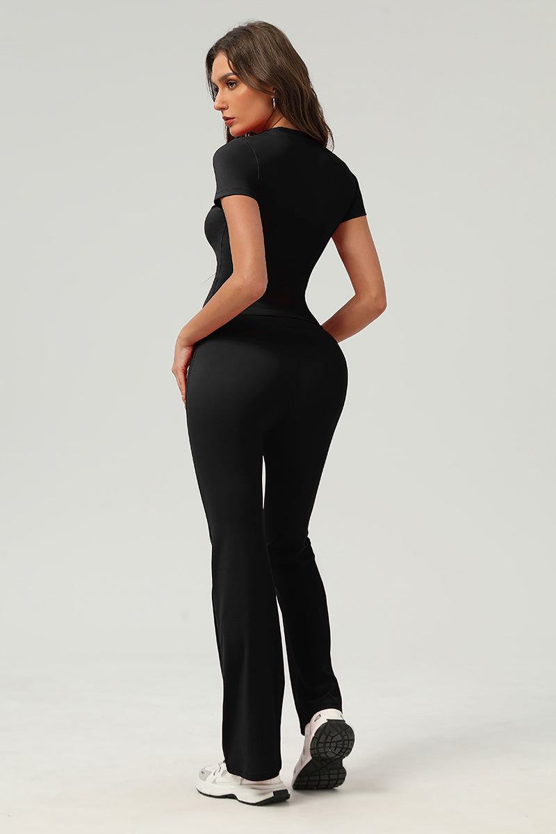 Women Retro Slim-Fit Naked-Feel T-Shirt & Butt-Lifting Flared Yoga Set