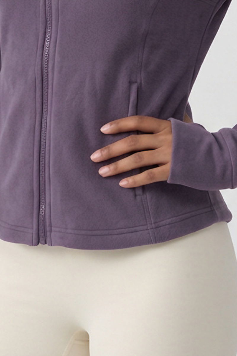 Women's Winter Fleece Stand Collar Finger Cuff Zip Up Jacket