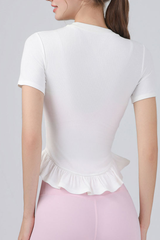 Women's Crew Neck Ruffle Hem Sports Short Sleeve Top