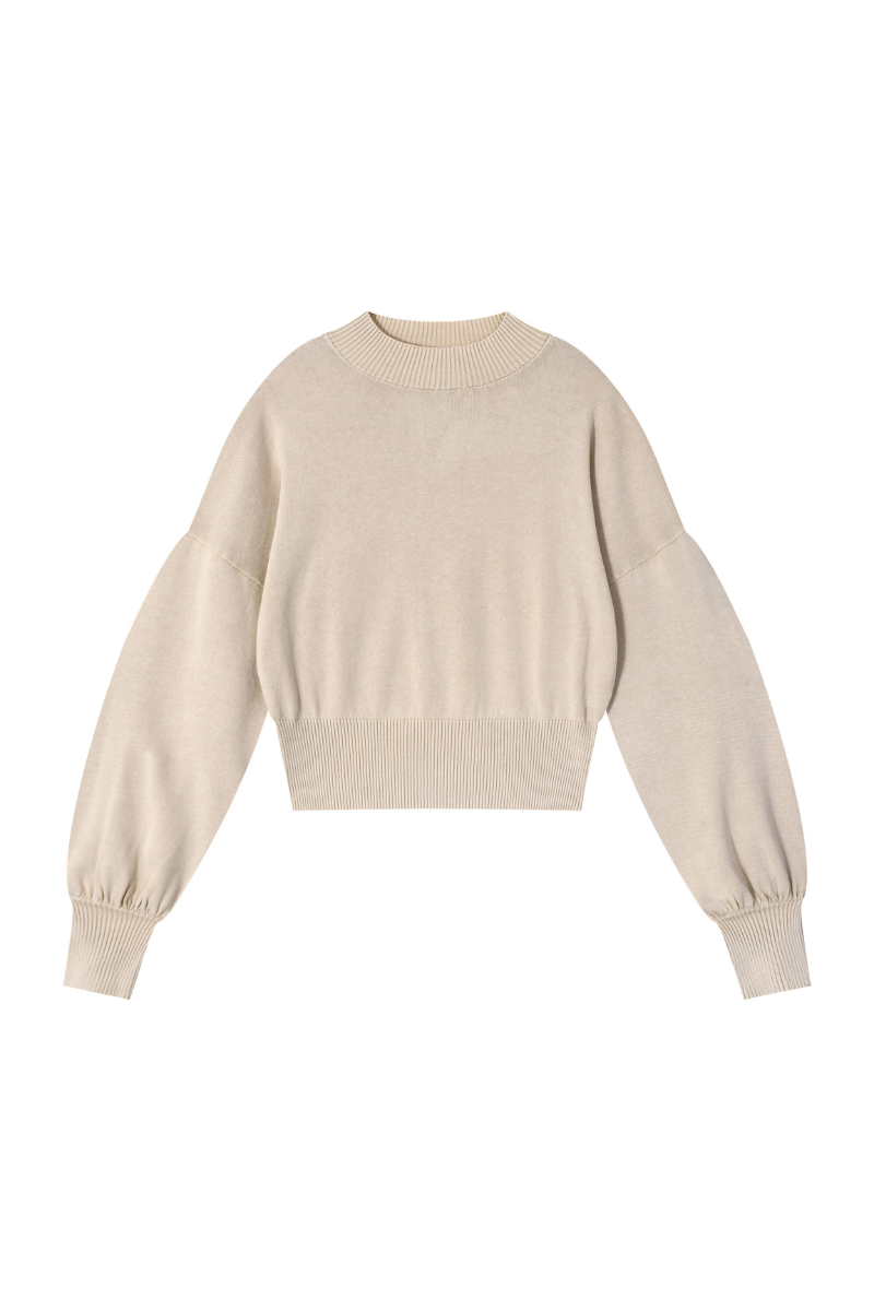 Women's Fall 100% Cotton Rib Hem Balloon Sleeves Sweatshirt