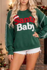 Women Christmas Crew Neck Knit Sweater Santa Baby Letter