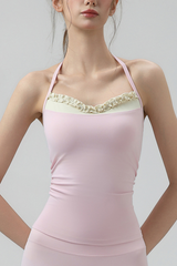 Women's Color Contrast Ruffle Halter Workout Tank Top